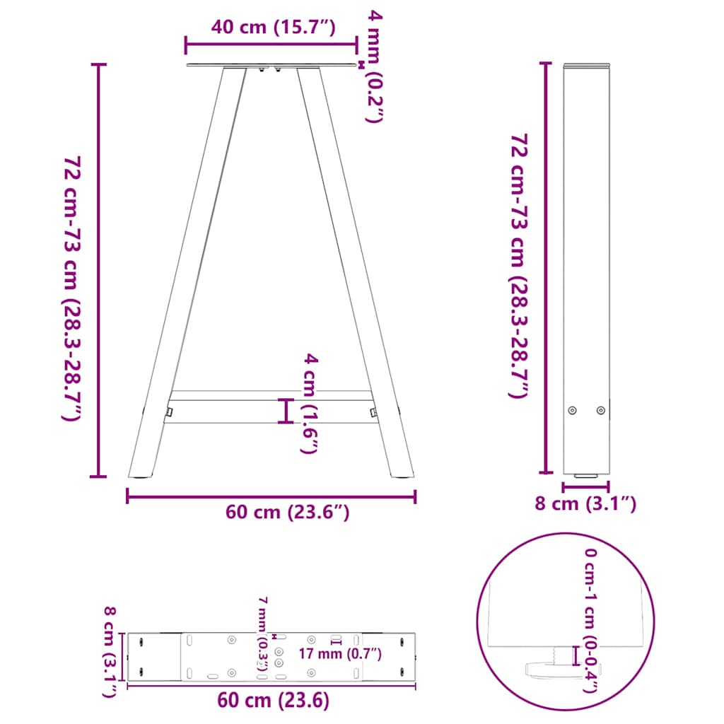vidaXL Nogi do stołu jadalnego w kształcie litery A 2 szt. Czarne 60x(72-73) cm Stal