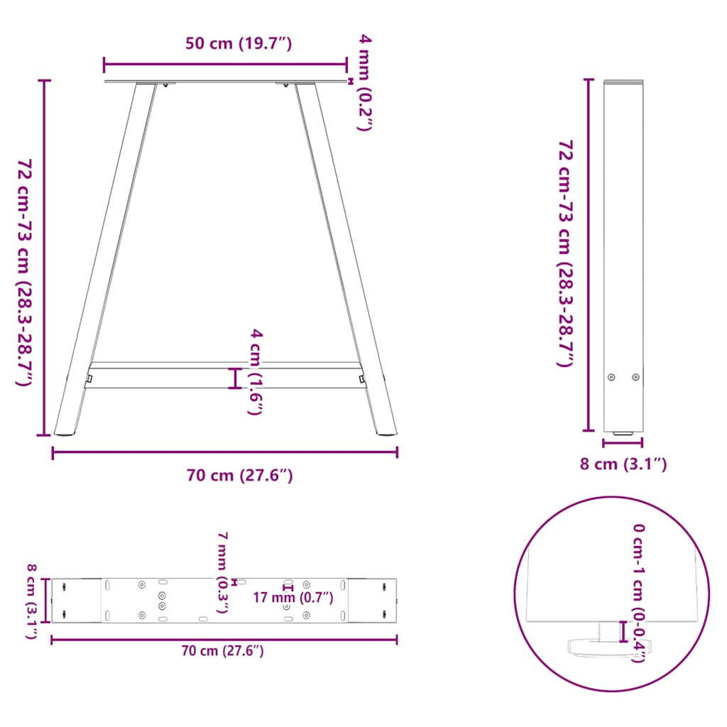 vidaXL Nogi do stołu jadalnego w kształcie litery A 2 szt. 70x(72-73) cm Stal