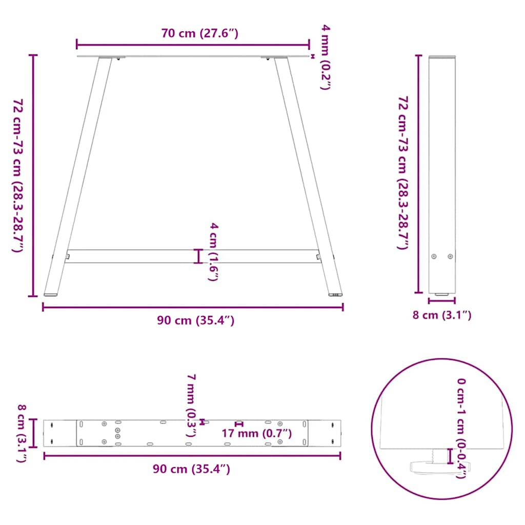 vidaXL Nogi do stołu jadalnego w kształcie litery A 2 szt. 90x(72-73) cm Stal