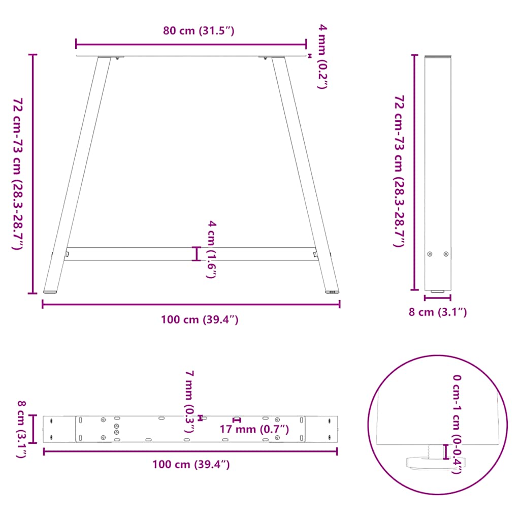 vidaXL Nogi do stołu jadalnego w kształcie litery A 2 szt. 100x(72-73) cm Stal
