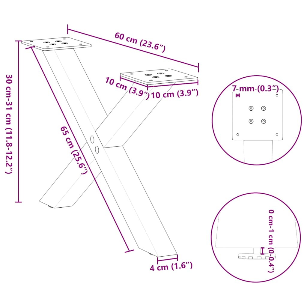 vidaXL Nogi do stolika kawowego w kształcie litery X 2 szt. Naturalna stal 60x(30-31) cm Stal