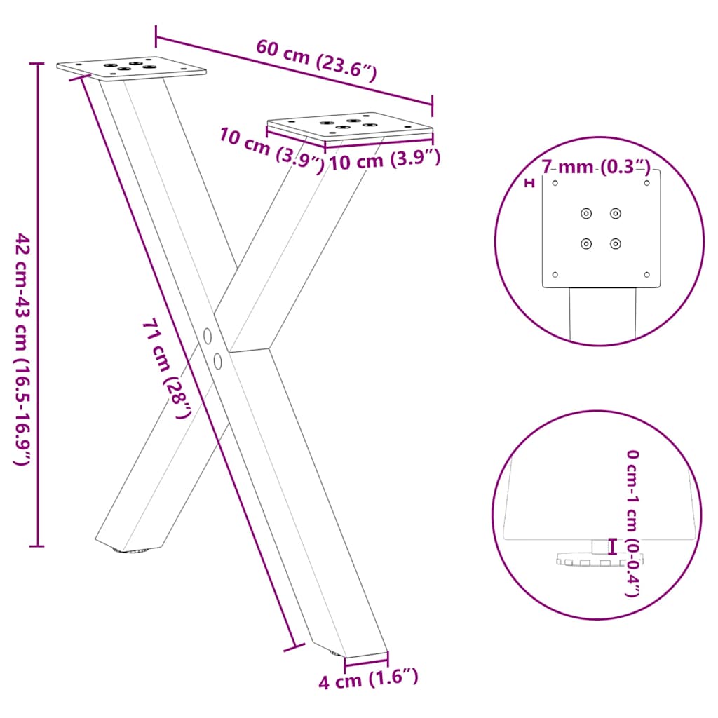 vidaXL Nogi do stolika kawowego w kształcie litery X 2 szt. Czarne 60x(42-43) cm Stal