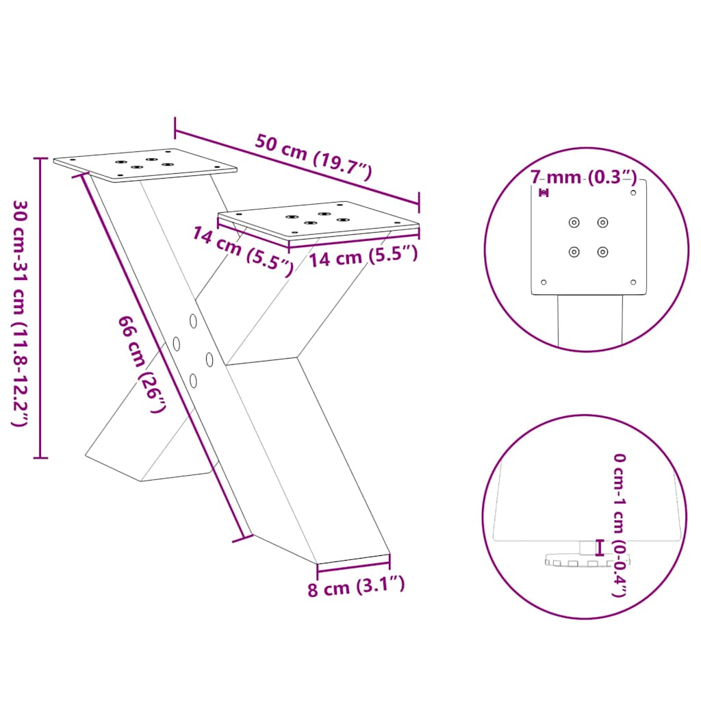 vidaXL Nogi do stolika kawowego w kształcie litery X 2 szt. Czarne 50x(30-31) cm Stal