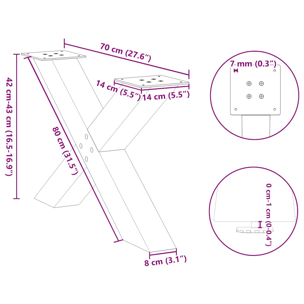 vidaXL Nogi do stolika kawowego w kształcie litery X 2 szt. Czarne 70x(42-43) cm Stal