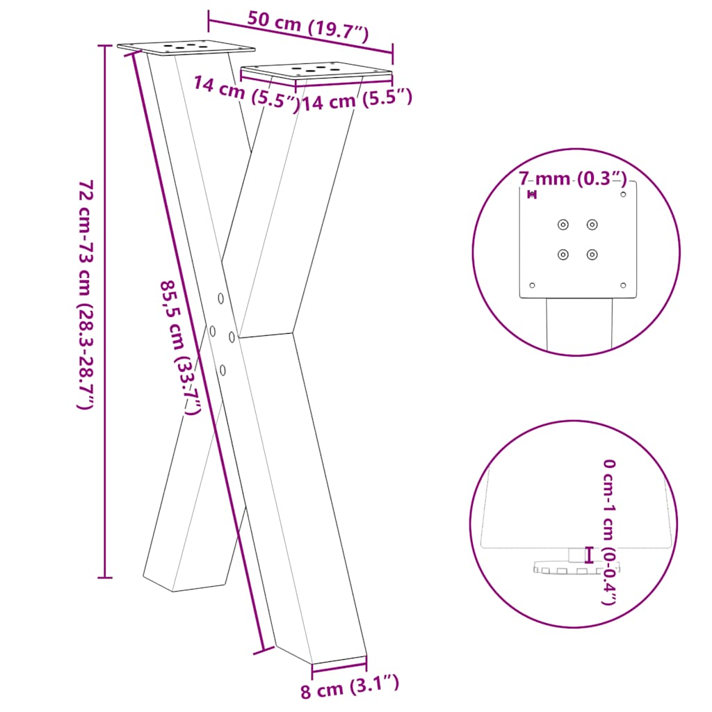 vidaXL Nogi do stołu jadalnego w kształcie litery X 2 szt. Czarne 50x(72-73) cm Stal
