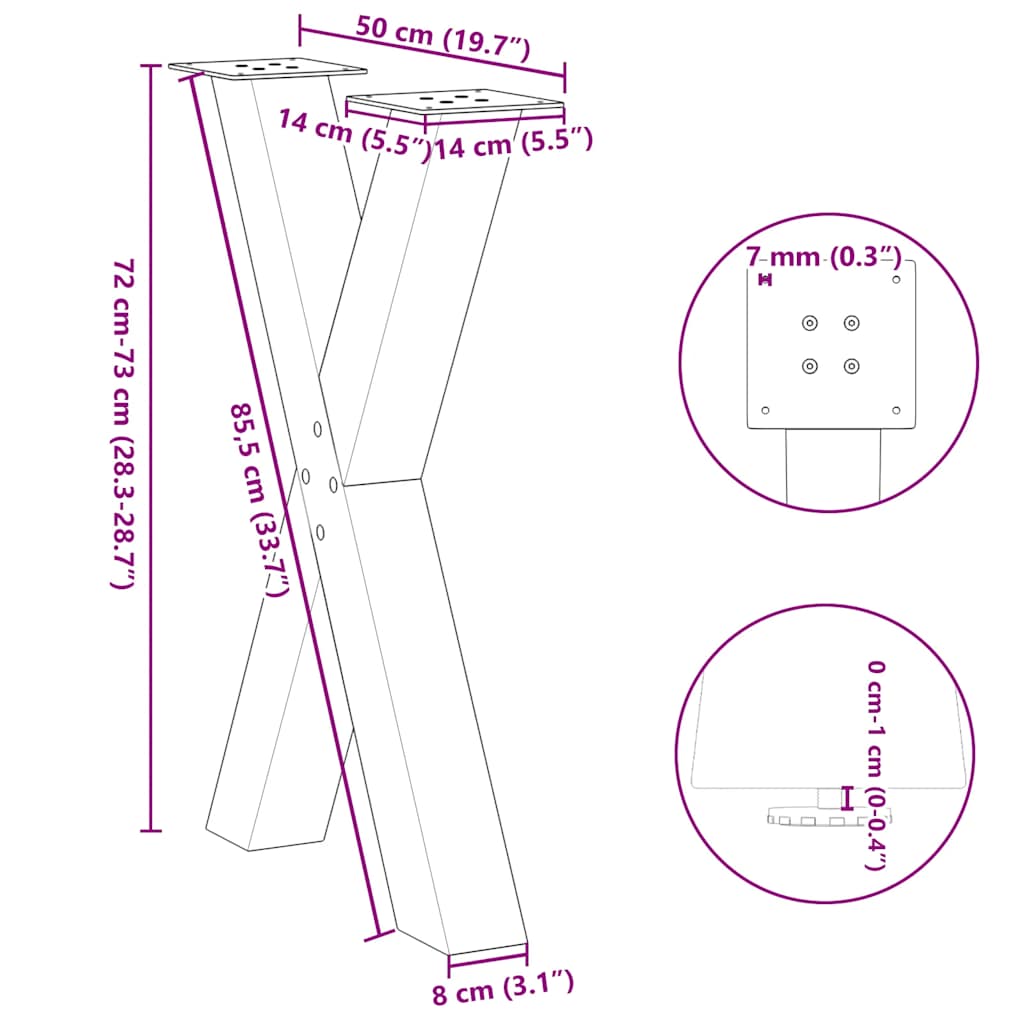 vidaXL Nogi do stołu jadalnego w kształcie litery X 2 szt. Naturalna stal 50x(72-73) cm Stal