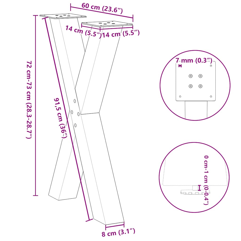 vidaXL Nogi do stołu jadalnego w kształcie litery X 2 szt. Białe 60x(72-73) cm Stal