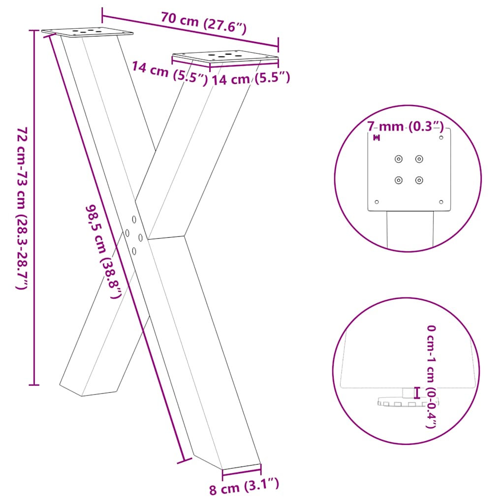 vidaXL Nogi do stołu jadalnego w kształcie litery X 3 szt. Czarne 70x(72-73) cm Stal
