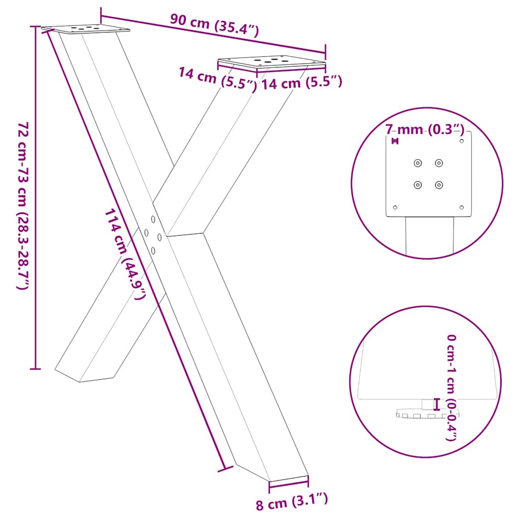 vidaXL Nogi do stołu jadalnego w kształcie litery X 3 szt. Czarne 90x(72-73) cm Stal