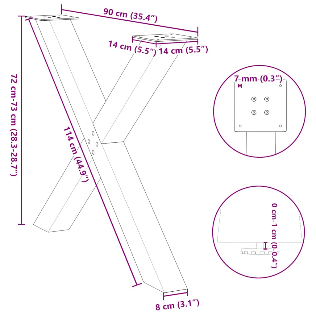 vidaXL Nogi do stołu jadalnego w kształcie litery X 3 szt. Naturalna stal 90x(72-73) cm Stal