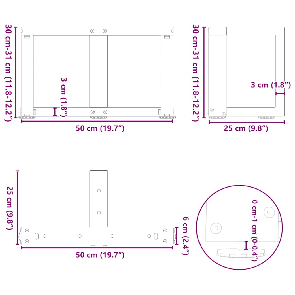 vidaXL Nogi do stolika kawowego w kształcie litery T 2 szt. Czarne 50x25x(30-31) cm Stal