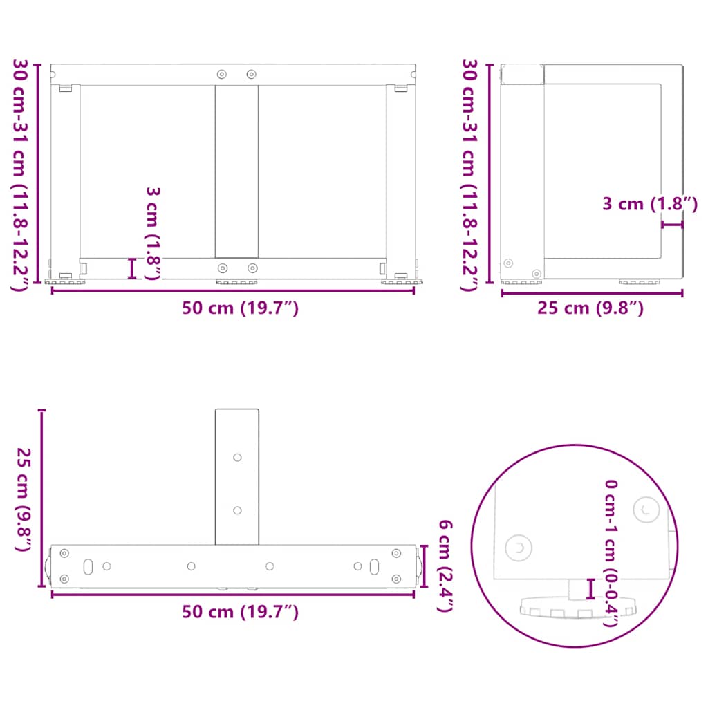 vidaXL Nogi do stolika kawowego w kształcie litery T 2 szt. Czarne 50x25x(30-31) cm Stal