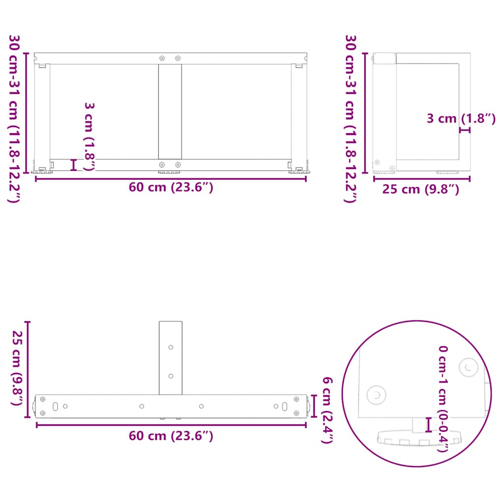 vidaXL Nogi do stolika kawowego w kształcie litery T 2 szt. Czarne 60x25x(30-31) cm Stal