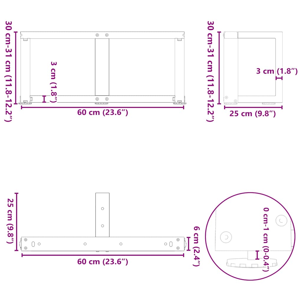vidaXL Nogi do stolika kawowego w kształcie litery T 2 szt. Czarne 60x25x(30-31) cm Stal
