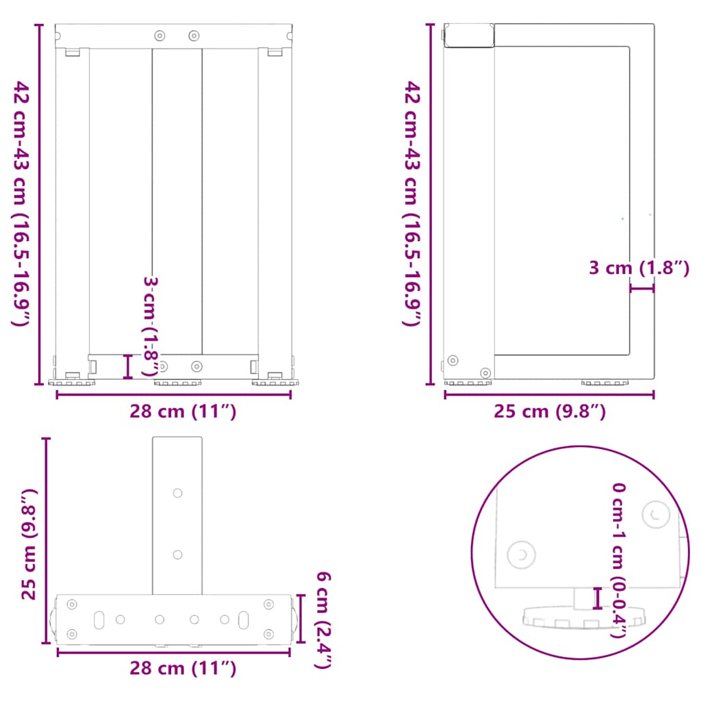 vidaXL Nogi do stolika kawowego w kształcie litery T 2 szt. Czarne 28x25x(42-43) cm Stal