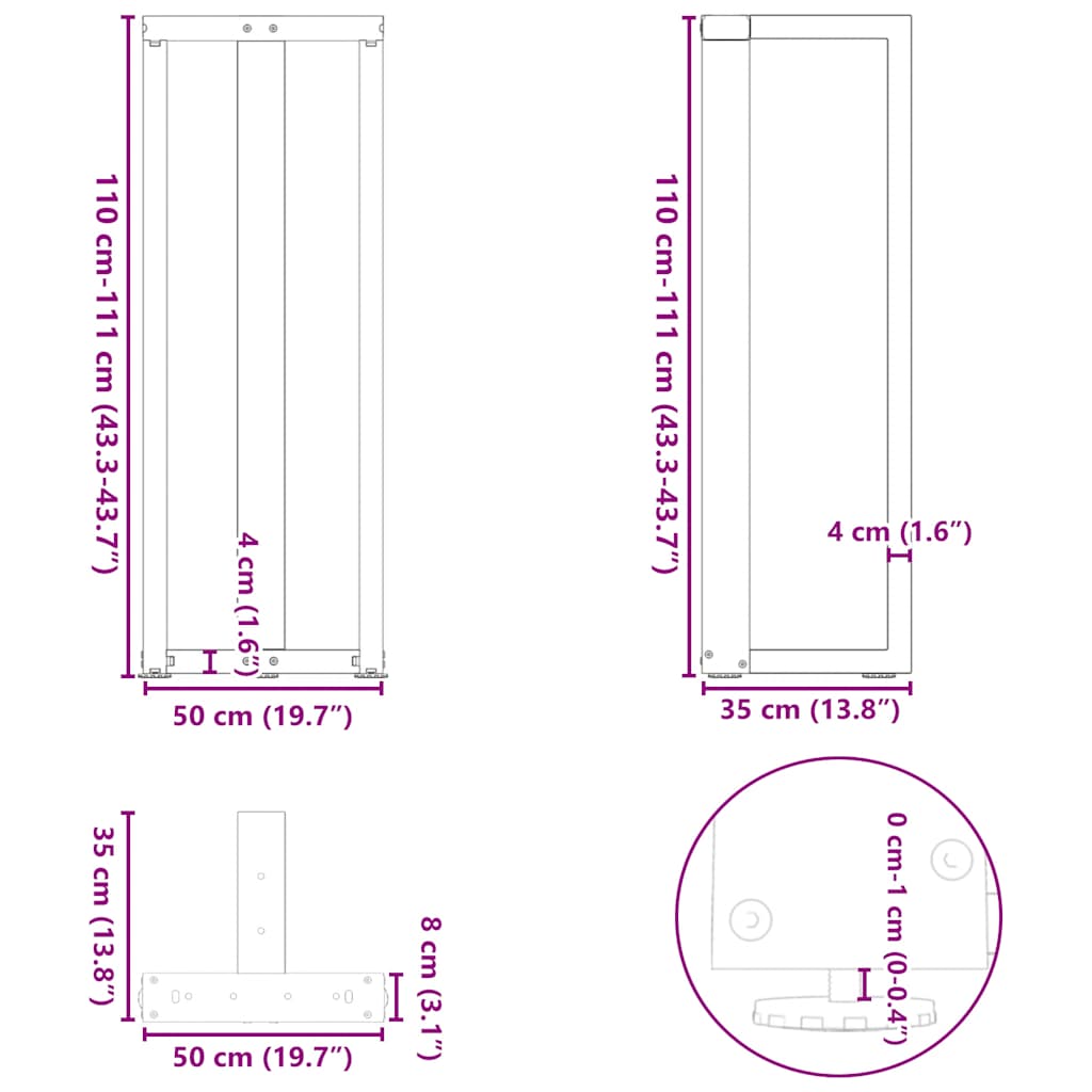 vidaXL Nogi do stołu barowego w kształcie litery T 2 szt. Czarne 50x35x(110-111) cm Stal