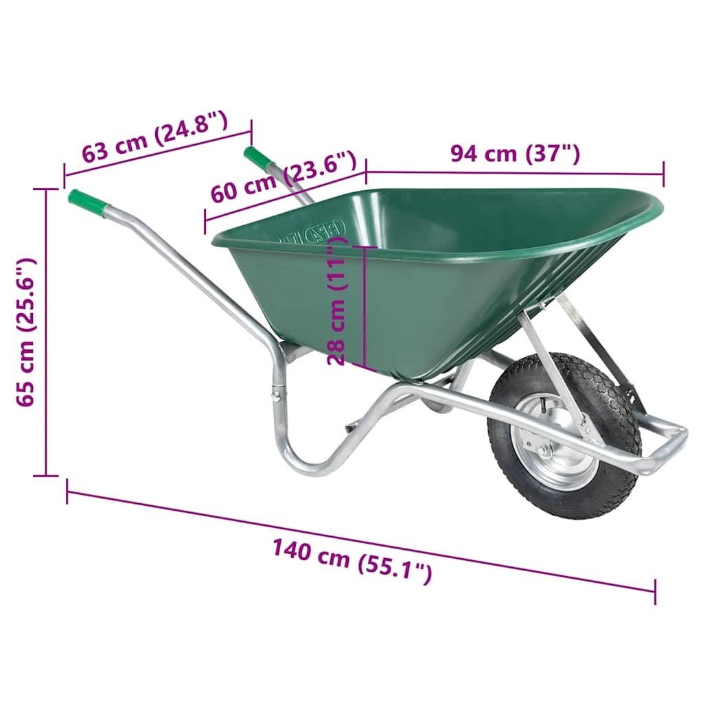 vidaXL Taczka, zielona, 90 L, 150 kg, galwanizowana stal i plastik
