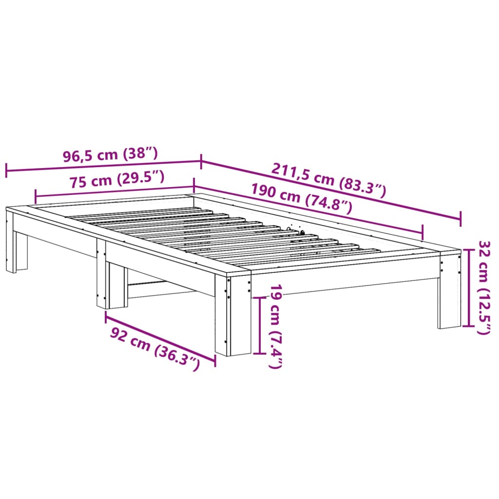 vidaXL Rama łóżka bez materaca, 75x190 cm, lite drewno sosnowe