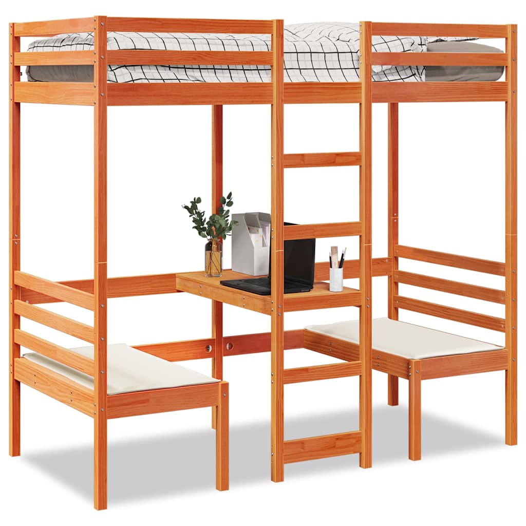 vidaXL Łóżko na antresoli, z biurkiem i krzesłami, brąz, 80x200 cm