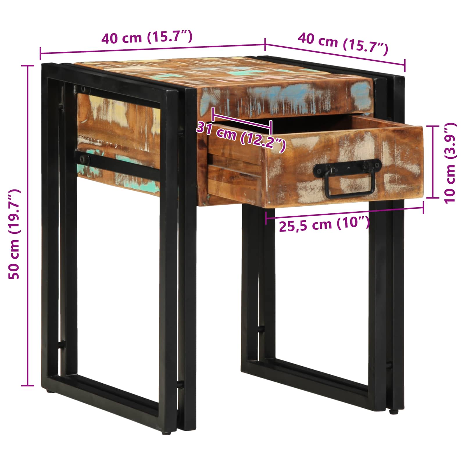 vidaXL Stolik końcowy 40 x 40 x 50 cm Lite Drewno Recyklingowe
