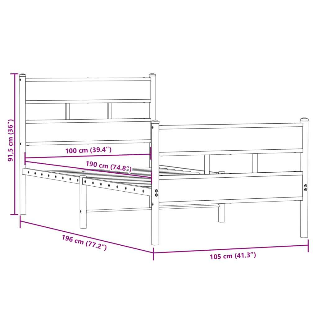 vidaXL Metalowa rama łóżka, bez materaca, przydymiony dąb, 100x190 cm