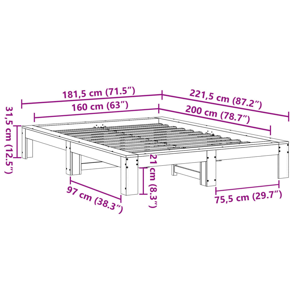 vidaXL Rama łóżka bez materaca, biała, 160x200 cm, lite drewno sosnowe