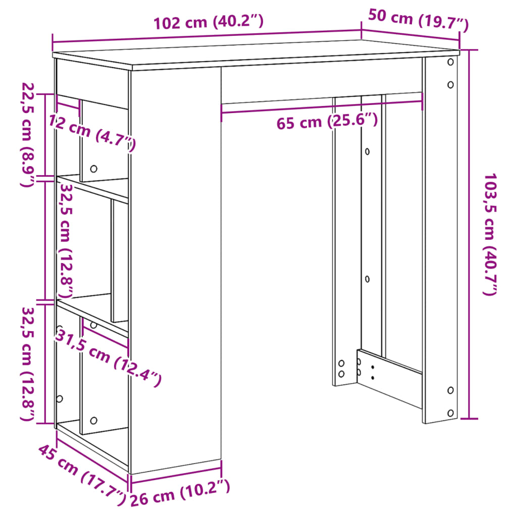 vidaXL Stolik barowy z przegrodami, stare drewno, 102x50x103,5 cm