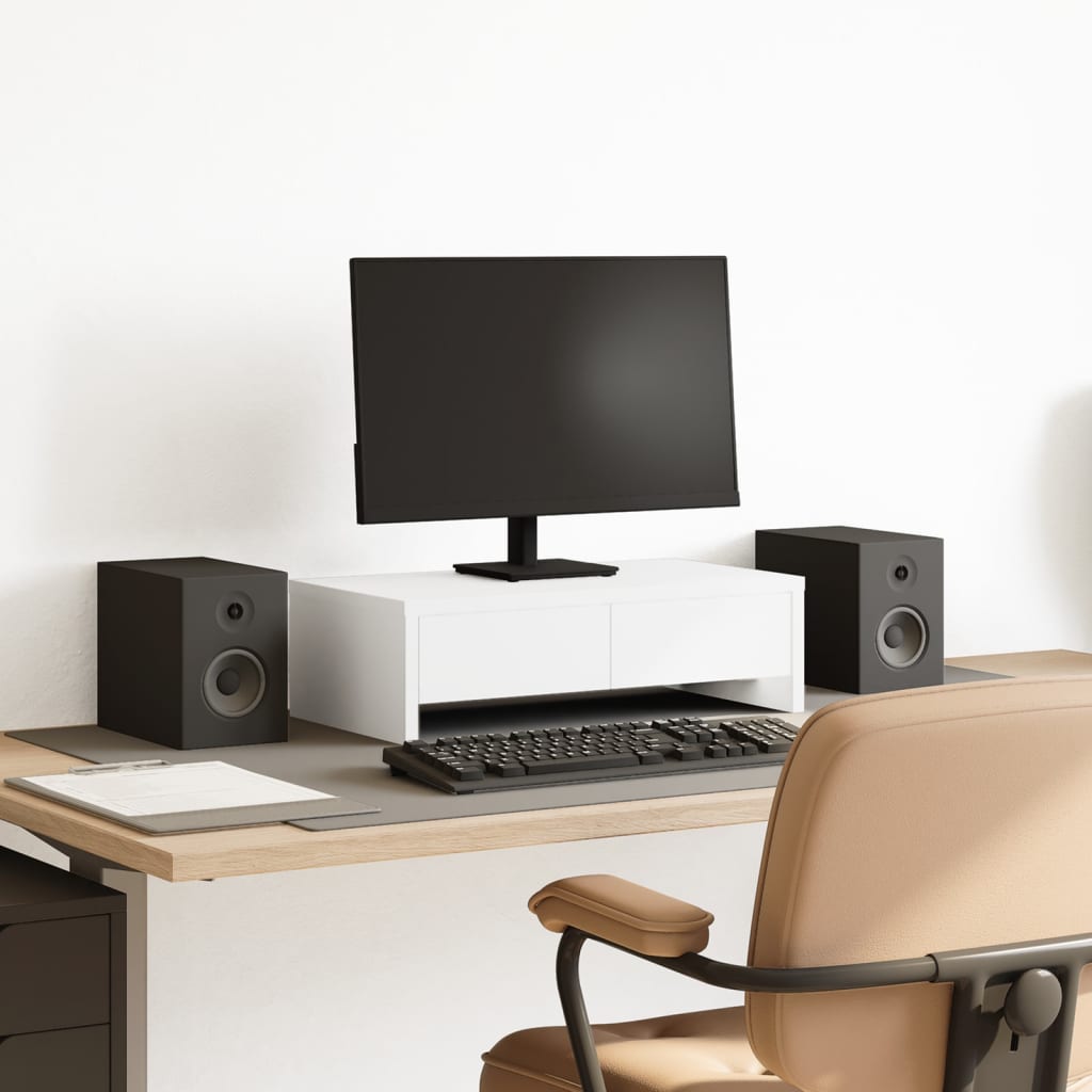 vidaXL Podstawka pod monitor, z szufladami, biała, 50x27x15 cm