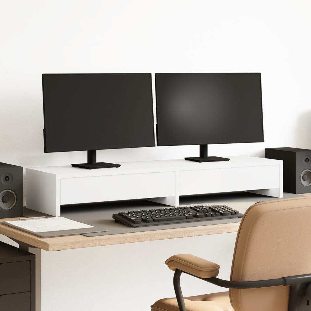 vidaXL Stojak na monitor z szufladami, biały, 100x27x15 cm, drewno konstrukcyjne
