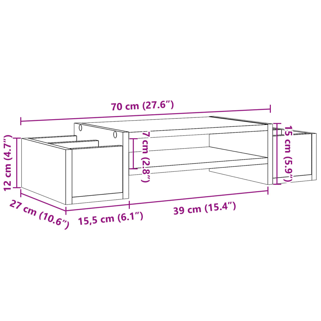 vidaXL Podstawka pod monitor, z przegródkami, dąb sonoma, 70x27x15 cm
