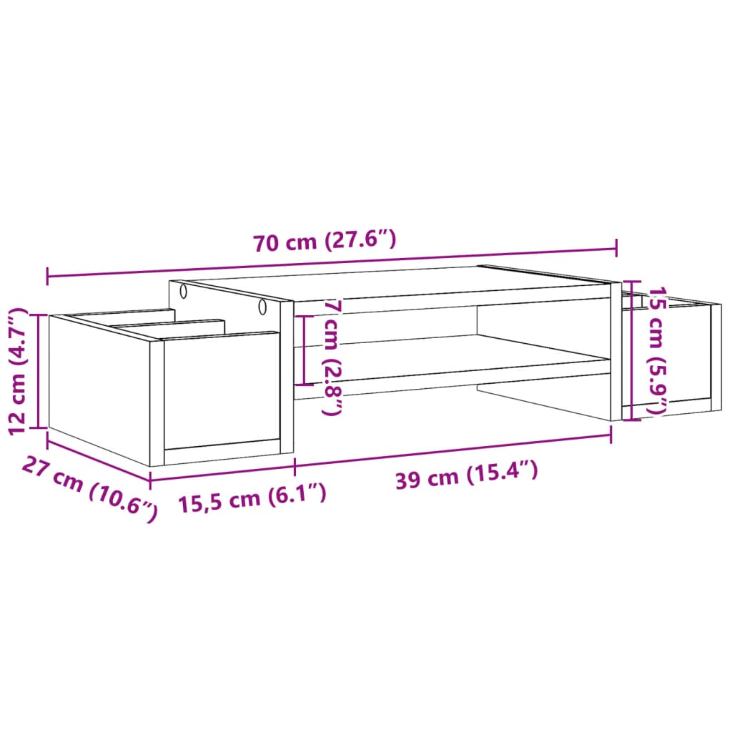 vidaXL Podstawka pod monitor, z przegródkami, szary beton, 70x27x15 cm