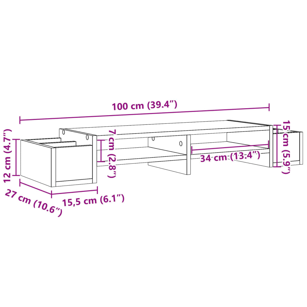 vidaXL Podstawka pod monitor z przegrodami, szary beton, 100x27x15 cm