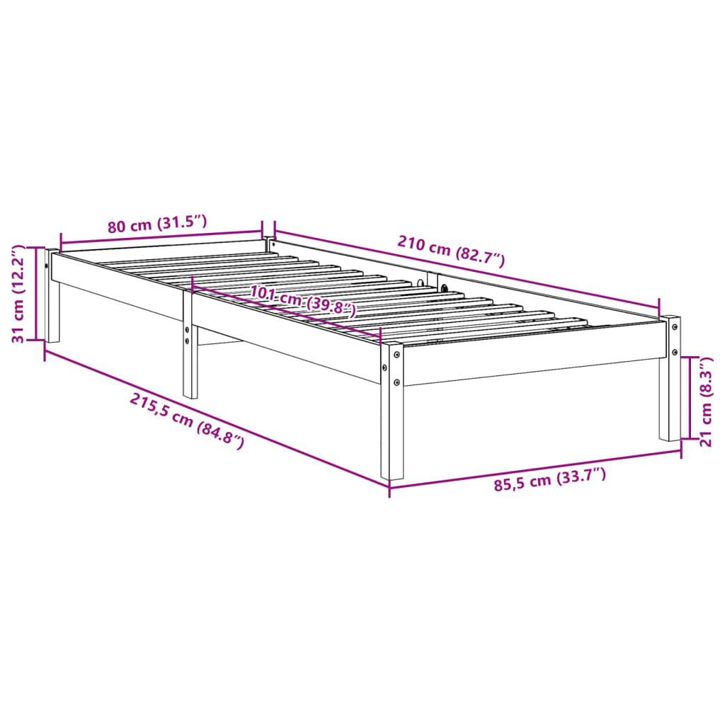 vidaXL Dłuższe łóżko bez materaca, białe, 80x210 cm, drewno sosnowe