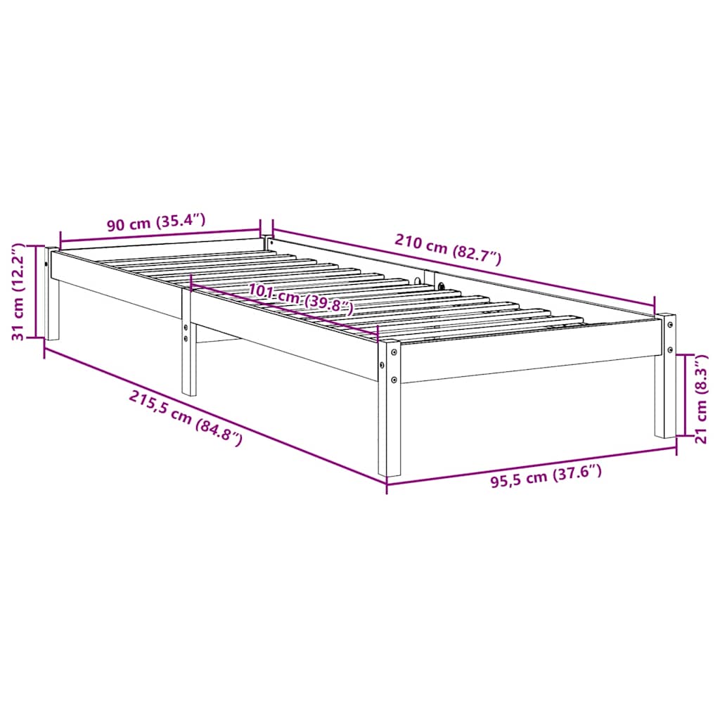 vidaXL Dłuższe łóżko bez materaca, 90x210 cm, lite drewno sosnowe