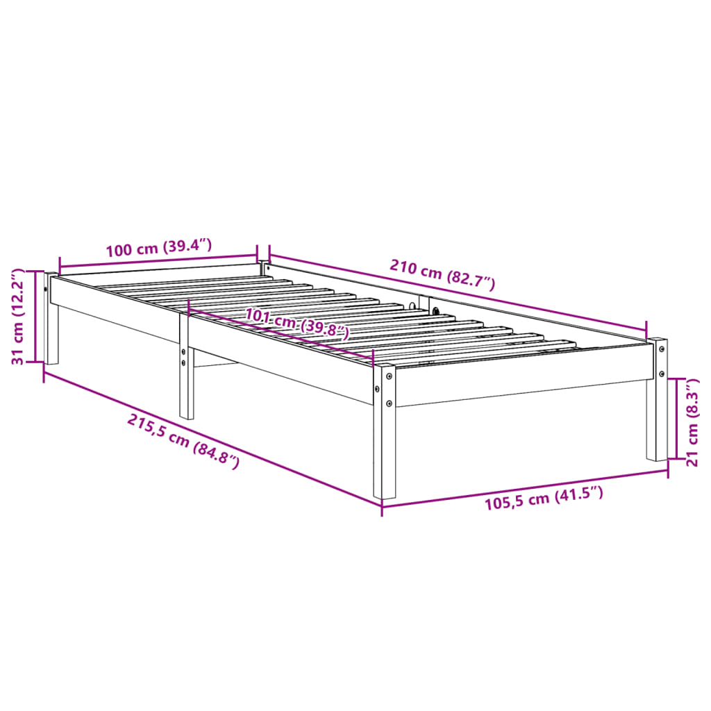 vidaXL Dłuższe łóżko bez materaca, 100x210 cm, lite drewno sosnowe