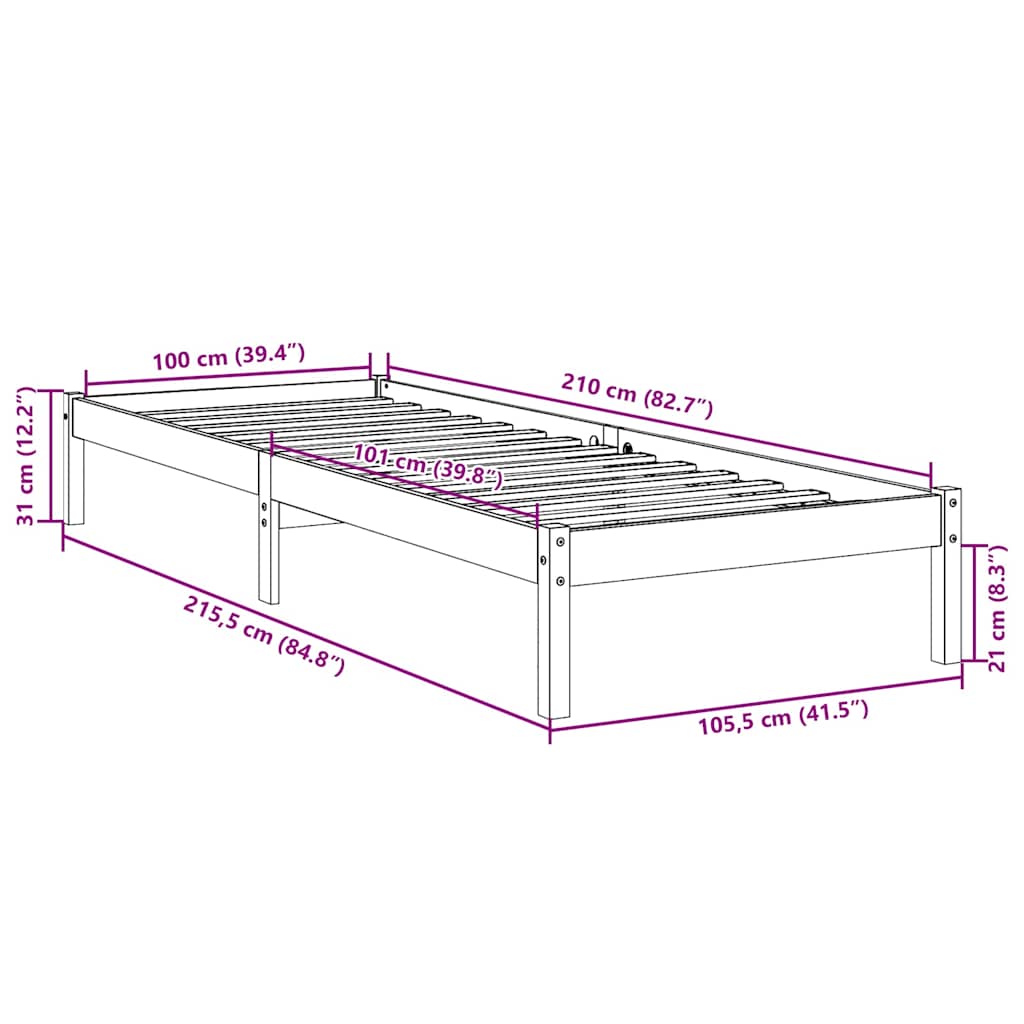 vidaXL Dłuższe łóżko bez materaca, 100x210 cm, lite drewno sosnowe