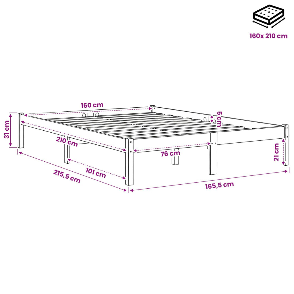 vidaXL Dłuższe łóżko bez materaca, 160x210 cm, lite drewno sosnowe
