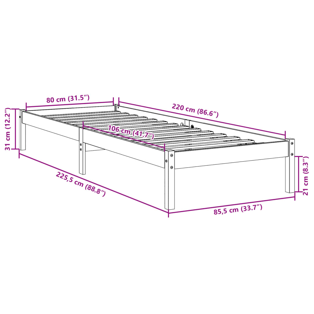vidaXL Dłuższe łóżko bez materaca, 80x220 cm, lite drewno sosnowe