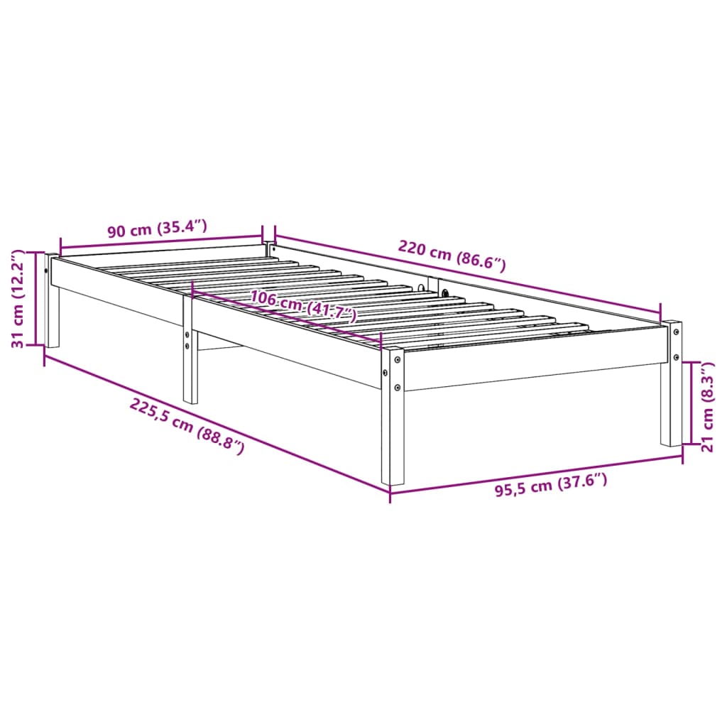 vidaXL Dłuższe łóżko bez materaca, 90x220 cm, lite drewno sosnowe