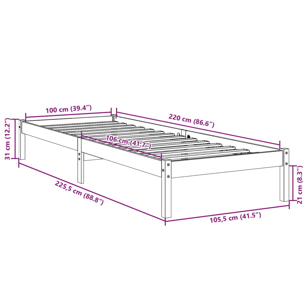 vidaXL Dłuższe łóżko bez materaca, 100x220 cm, lite drewno sosnowe
