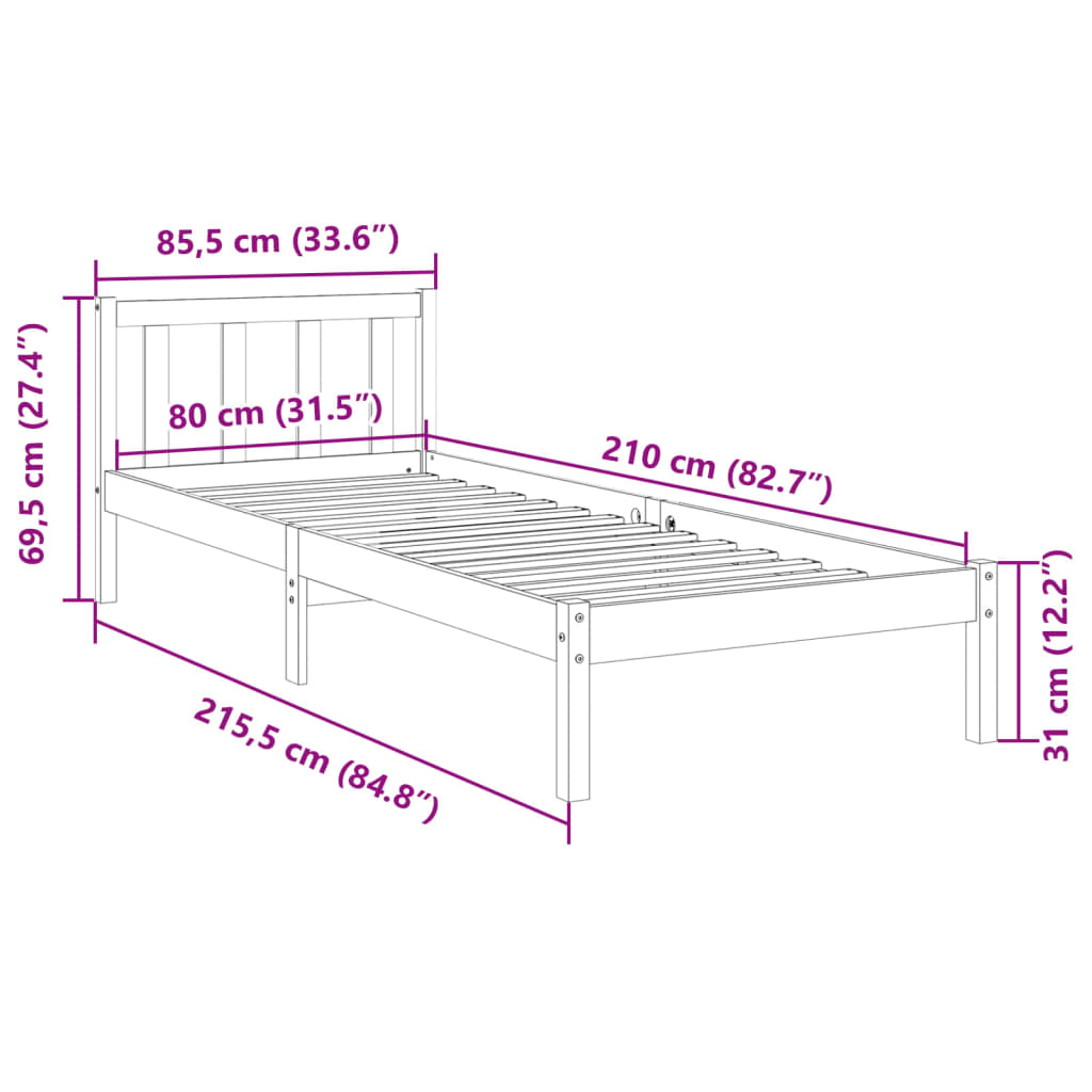 vidaXL Dłuższe łóżko bez materaca, białe, 80x210 cm, drewno sosnowe