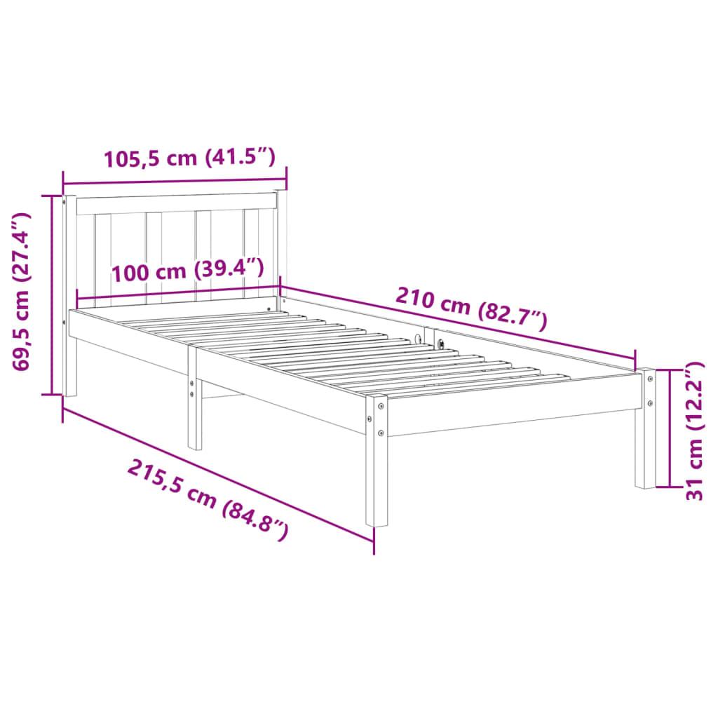 vidaXL Dłuższe łóżko bez materaca, 100x210 cm, lite drewno sosnowe