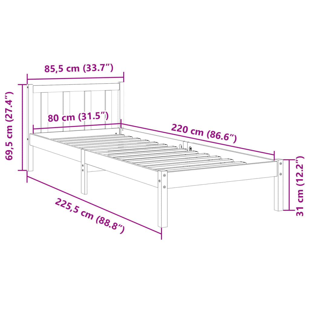 vidaXL Dłuższe łóżko bez materaca, 80x220 cm, lite drewno sosnowe