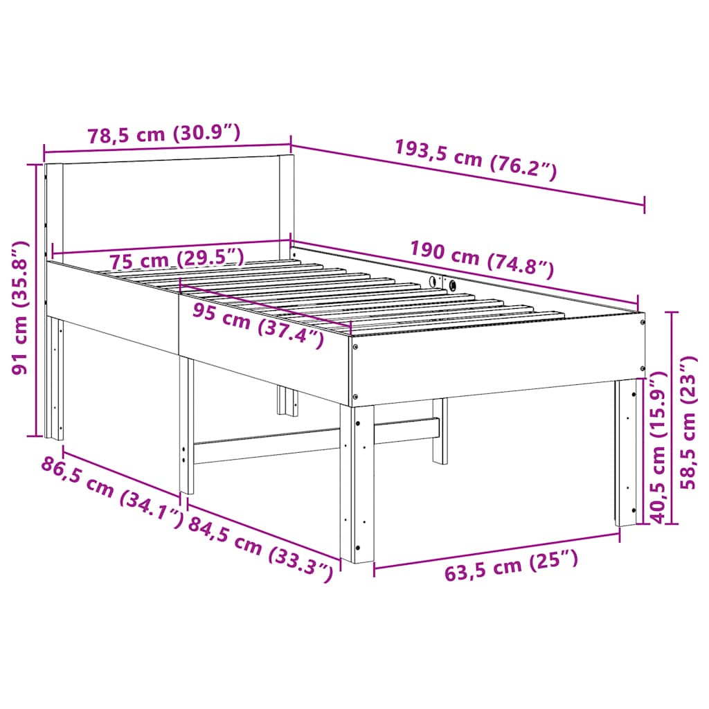 vidaXL Rama łóżka bez materaca, 75x190 cm, lite drewno sosnowe