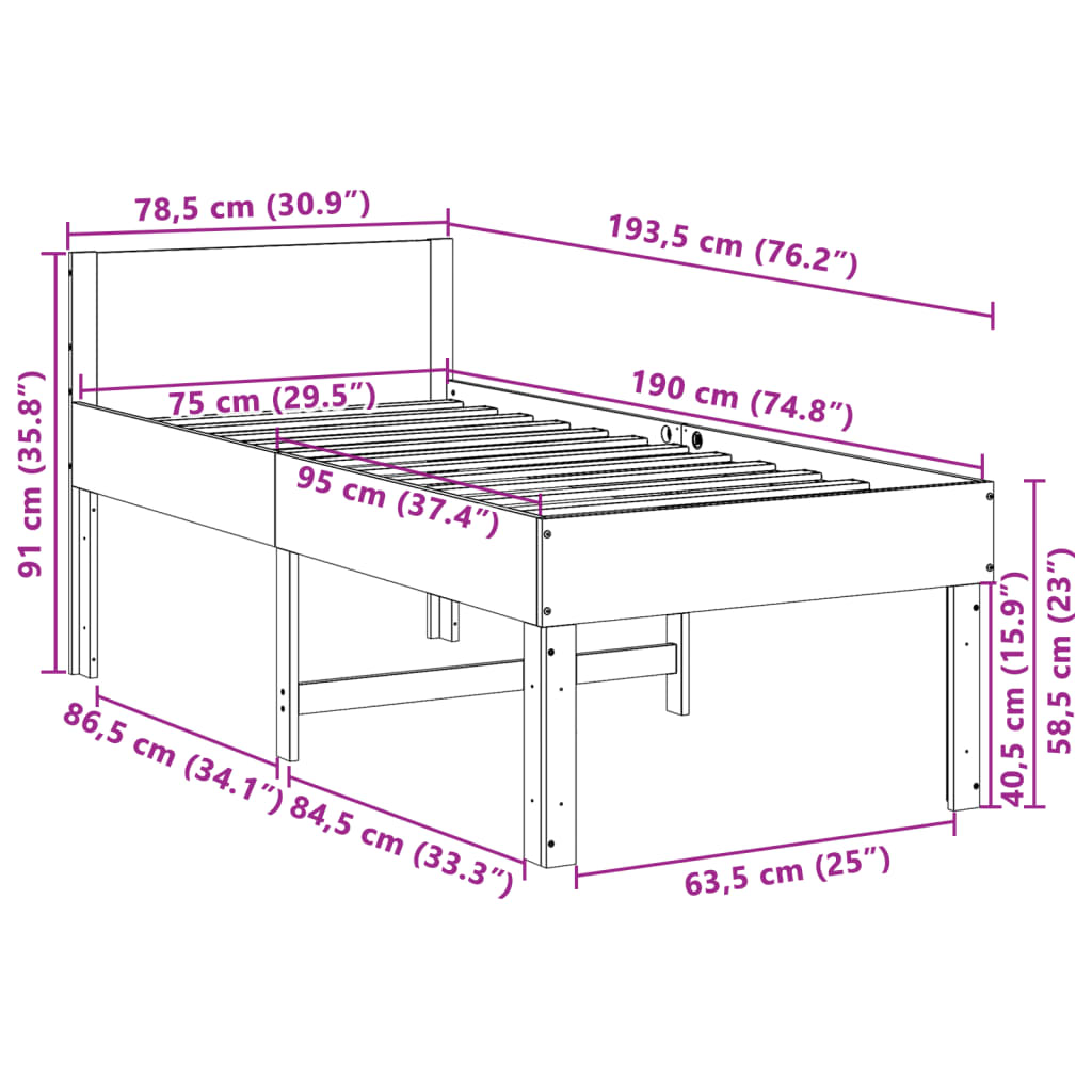 vidaXL Rama łóżka bez materaca, biała, 75x190 cm, lite drewno sosnowe