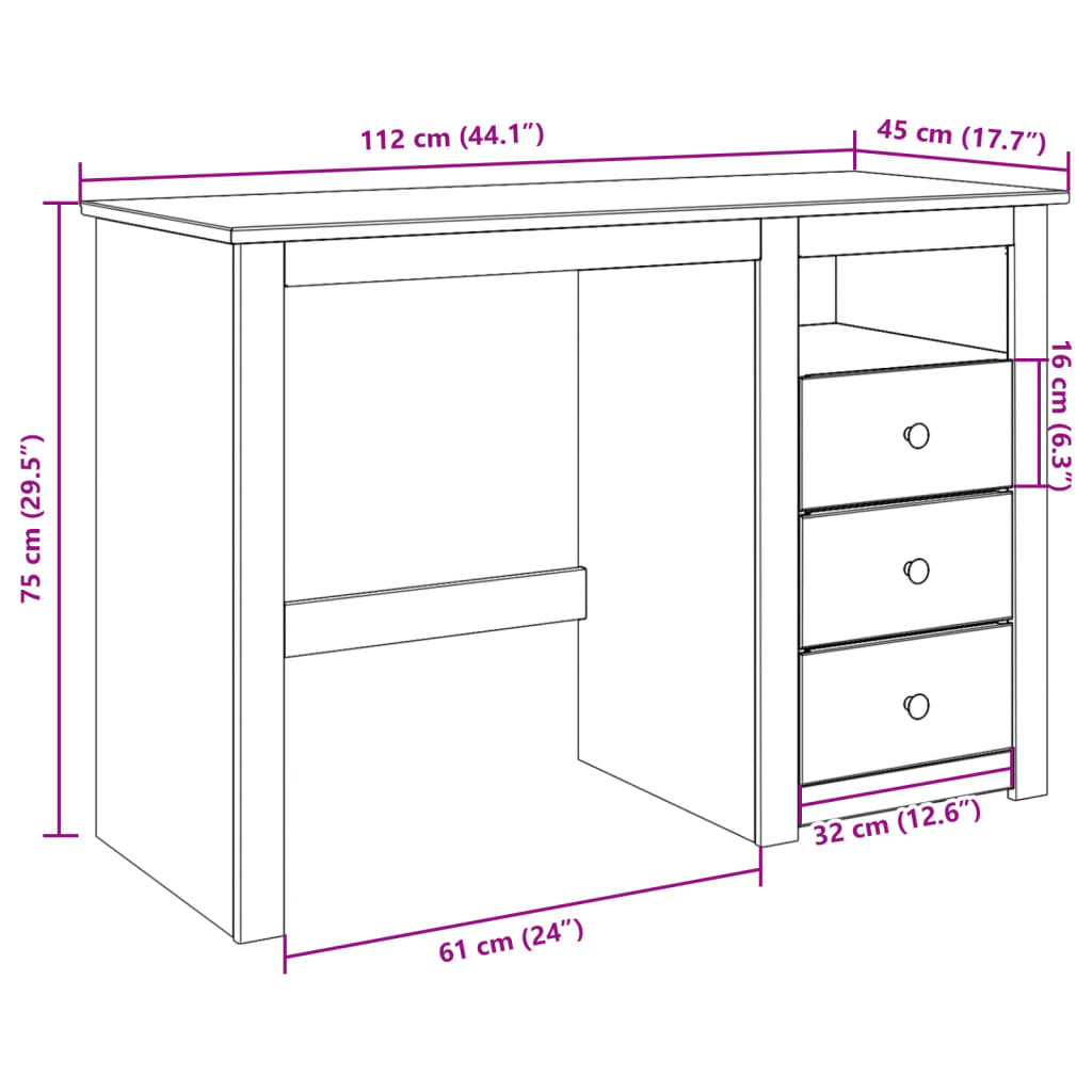 vidaXL Biurko PANAMA, 112x45x75 cm, lite drewno sosnowe