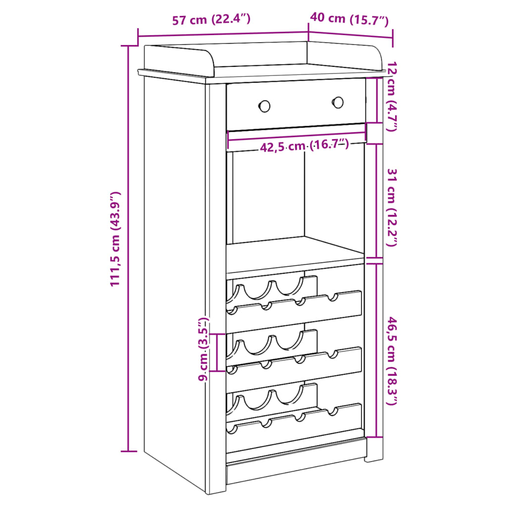 vidaXL Szafka na wino PANAMA, 57x40x111,5 cm, lite drewno sosnowe