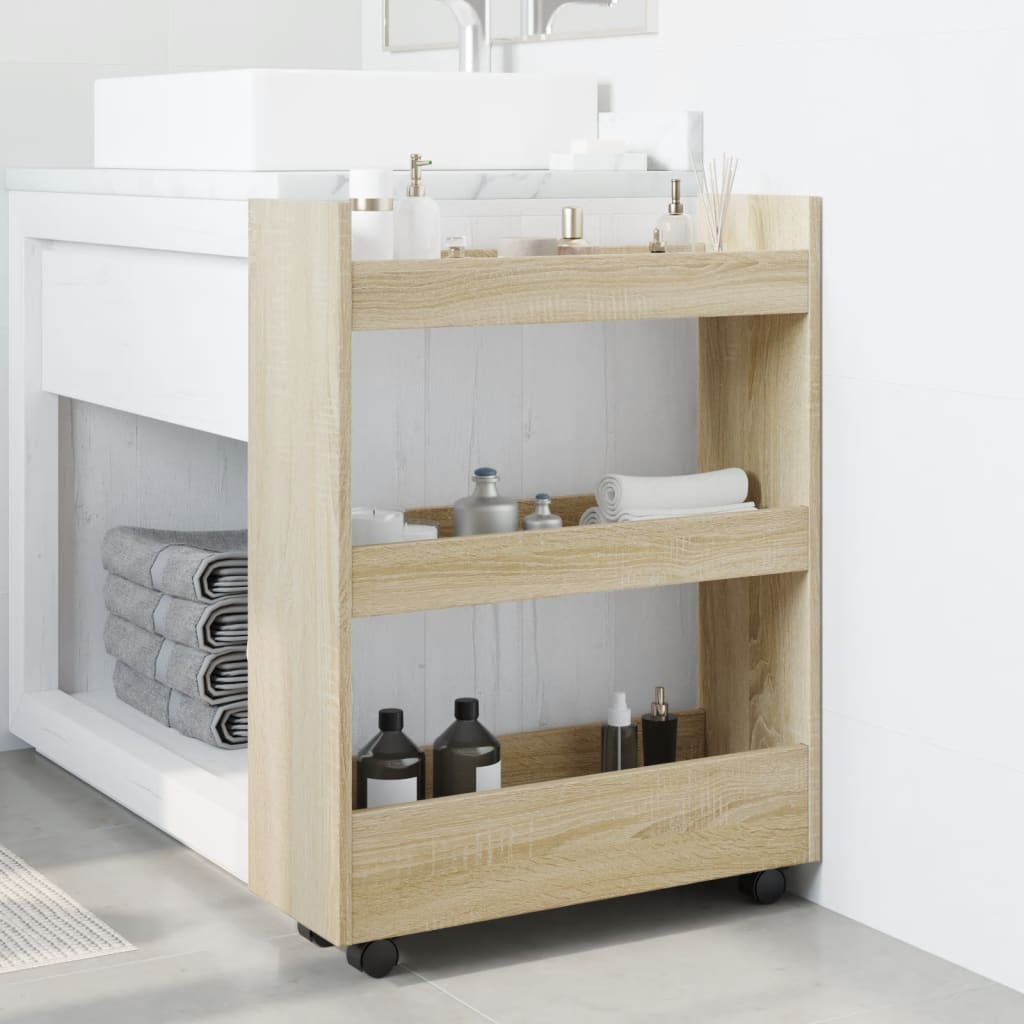 vidaXL Wąski wózek pomocniczy, 3-poziomowy, dąb sonoma