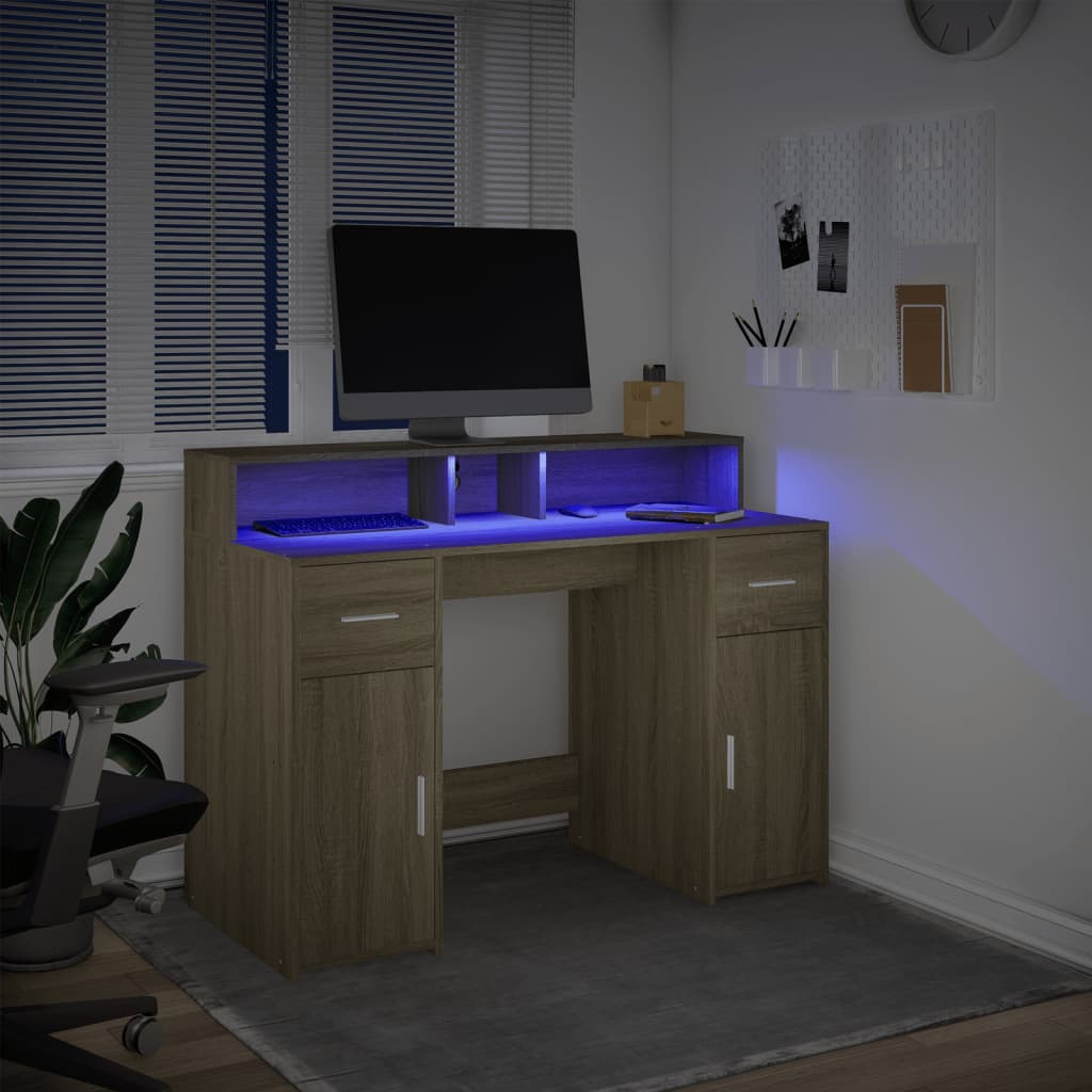 vidaXL Biurko z podświetleniem LED, dąb sonoma, 120x55x91 cm