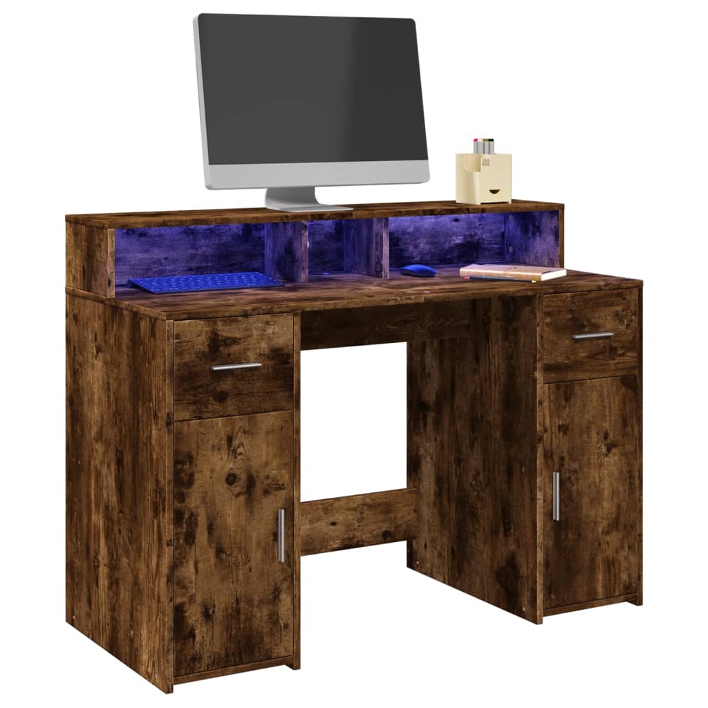 vidaXL Biurko z podświetleniem LED, przydymiony dąb, 120x55x91 cm